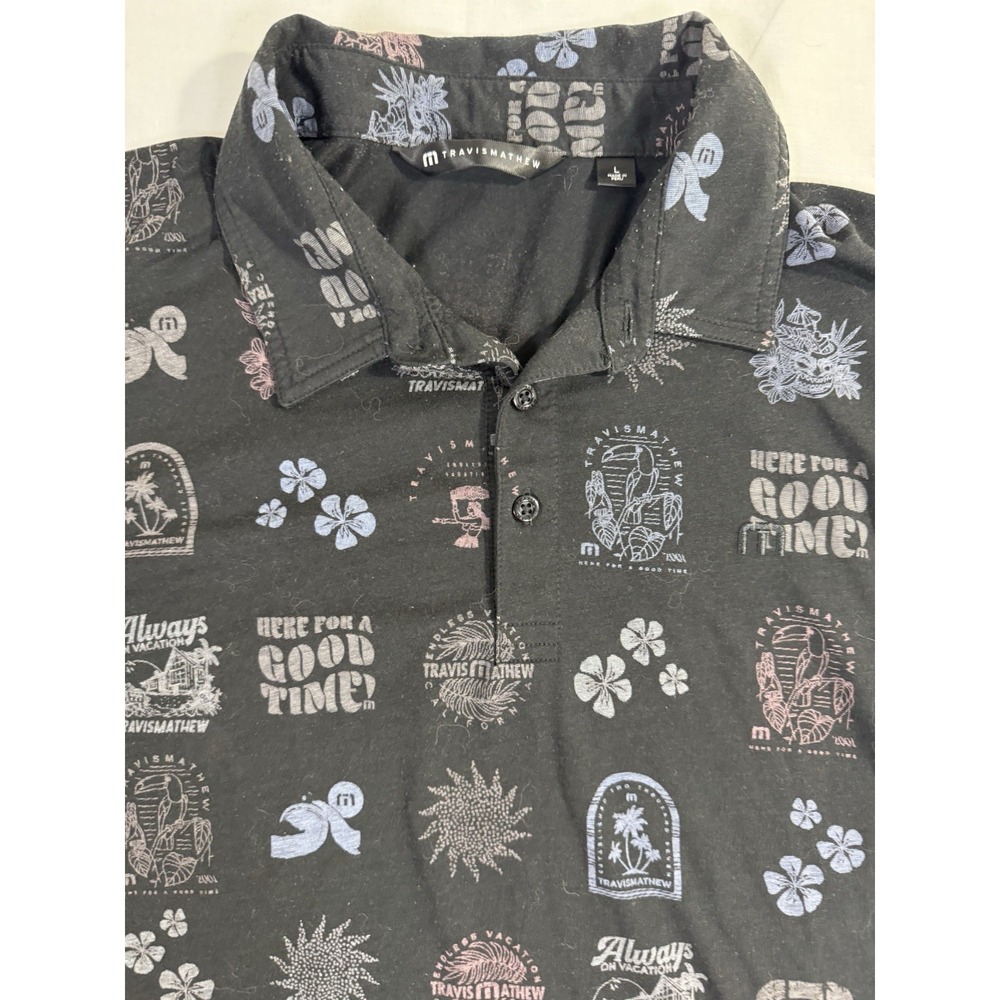 Travis Mathew Shirt L Black Tourist Season Golf Always On Vacation Performance